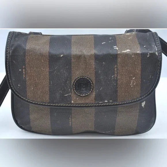 Authentic FENDI Pequin Shoulder Cross Body Bag PVC Leather Brown Black - Picture 12 of 13